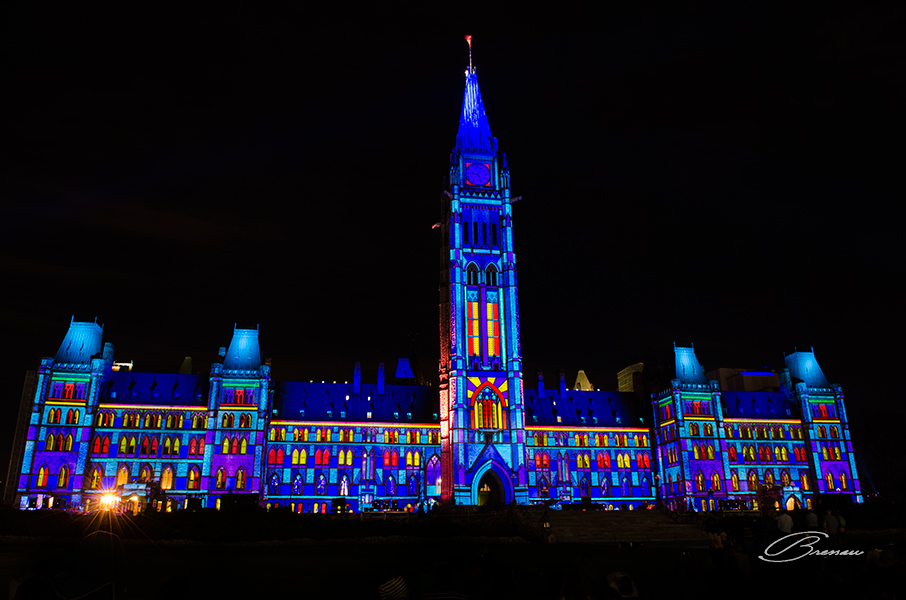 Parliament Building Covered With a Light Show.